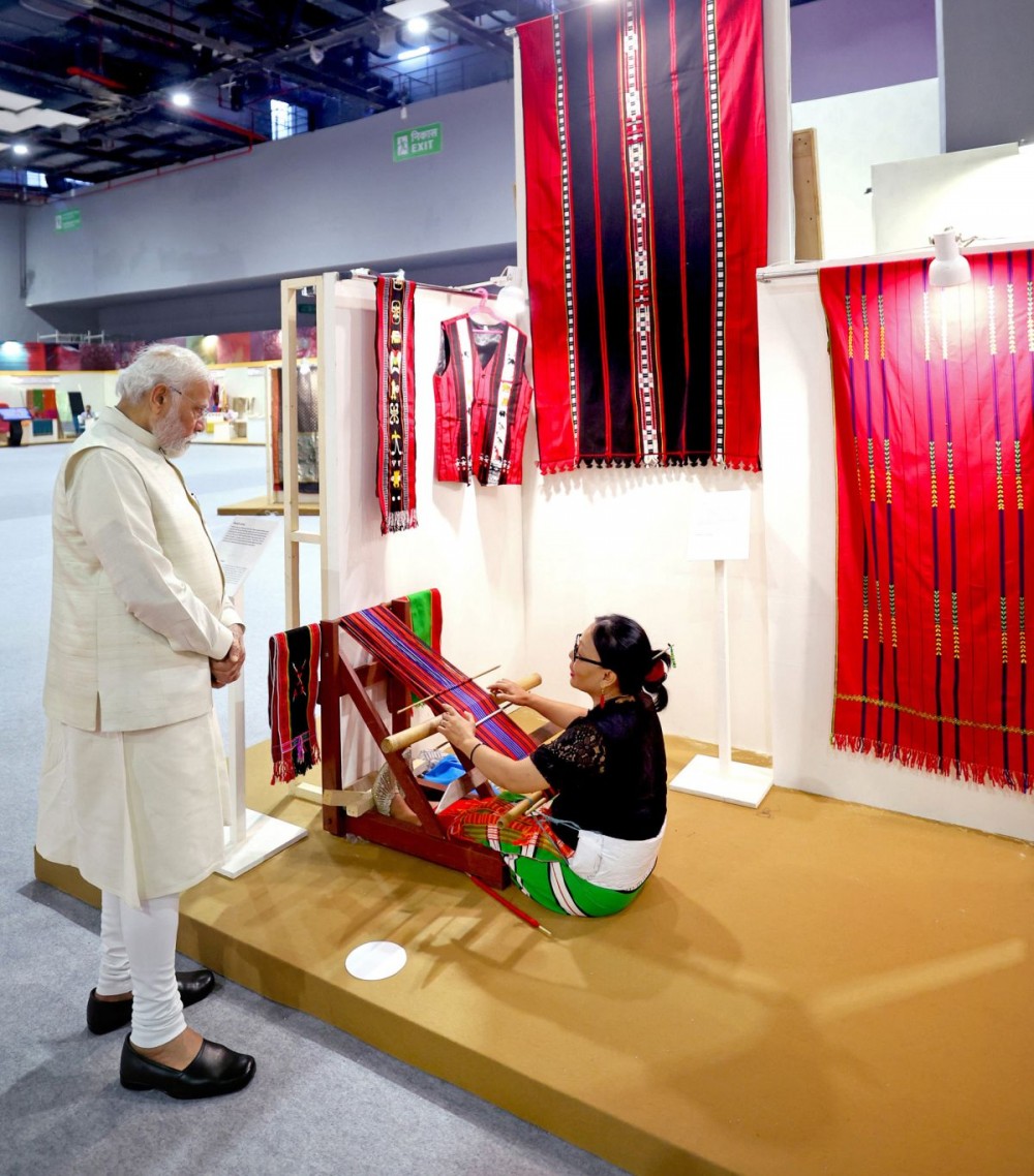 New Delhi: Prime Minister Narendra Modi visits an exhibition in Bharat Mandapam organised on the occasion of National Handloom Day at Pragati Maidan, in New Delhi, on Monday, August 7, 2023. (IANS/PIB)